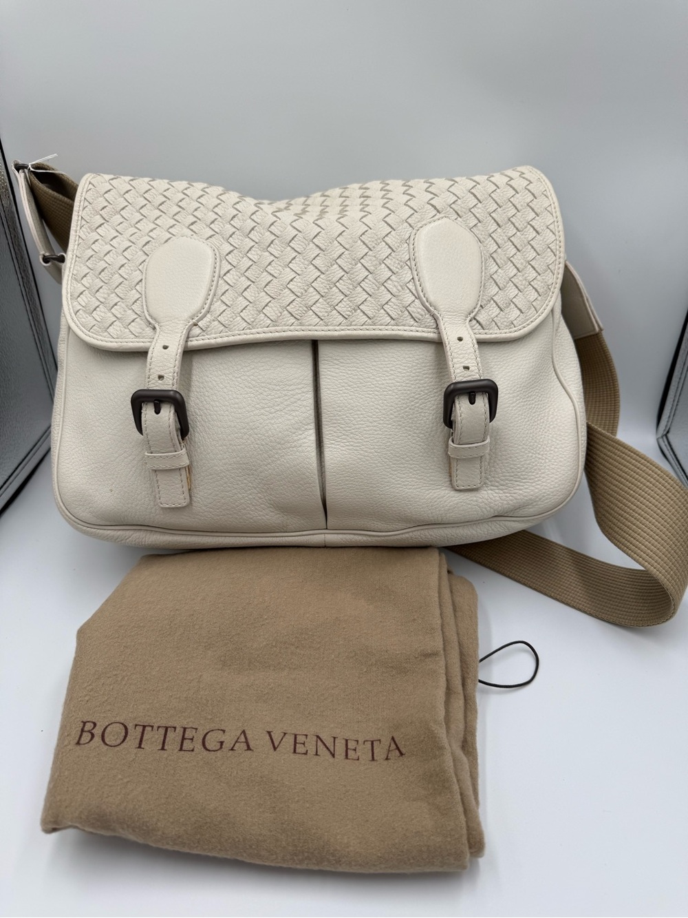 Bottega Veneta Off-White Woven Flap Messenger Bag